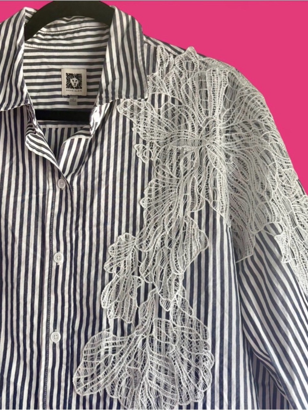 EUC Anne Klein Navy & White Striped Button-Down Shirt with White Lace Appliqué